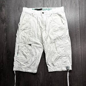 Private Member Y2K White Cargo Capri Shorts Green Stitching Drawstring 34